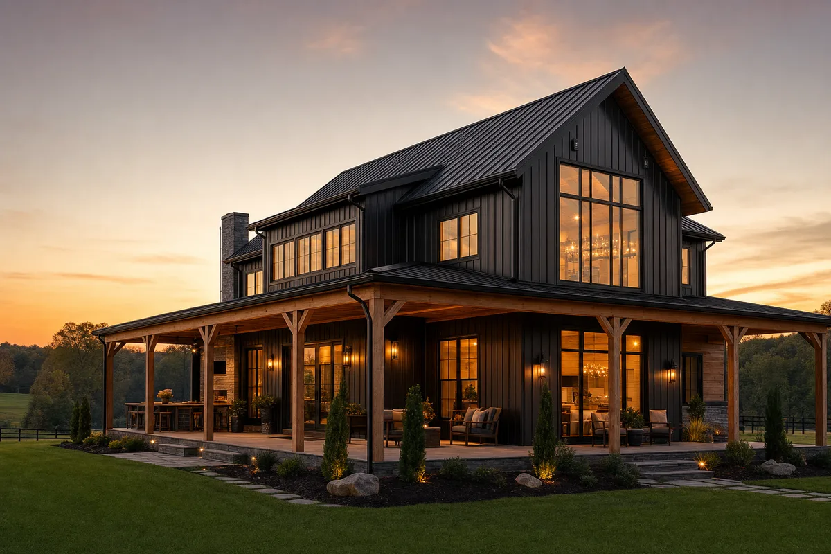 Modern black metal barndominium with cedar accents and a wraparound porch at dusk
