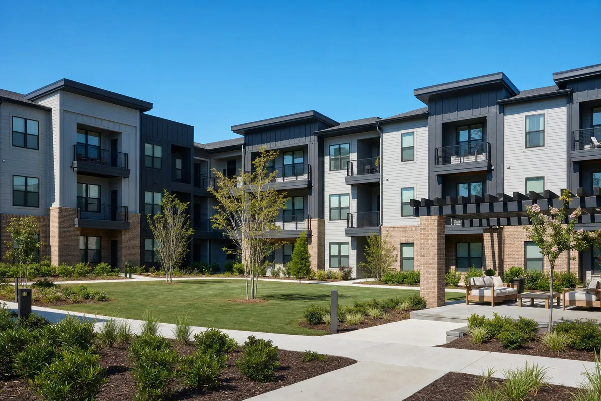 Newly completed three-story multifamily apartment complex with a landscaped courtyard